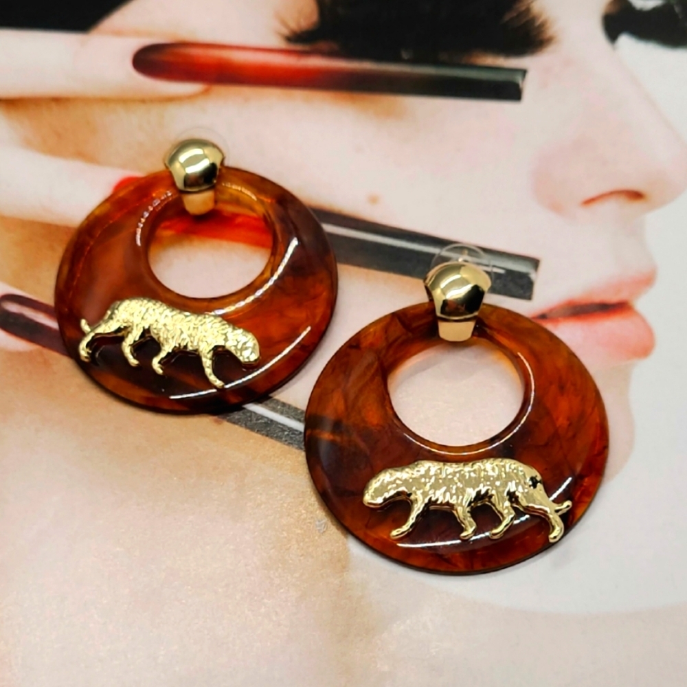 Vintage Retro Maillard Resin Rootbeer Gold Tiger Embellished Large Hoop Earrings